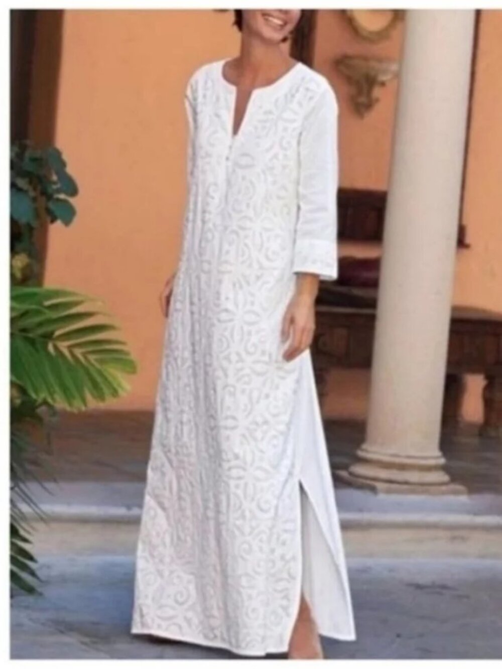 Soft Surroundings Contadora Caftan 3/4 sleeve solid Coverup Long Dress Tall TL